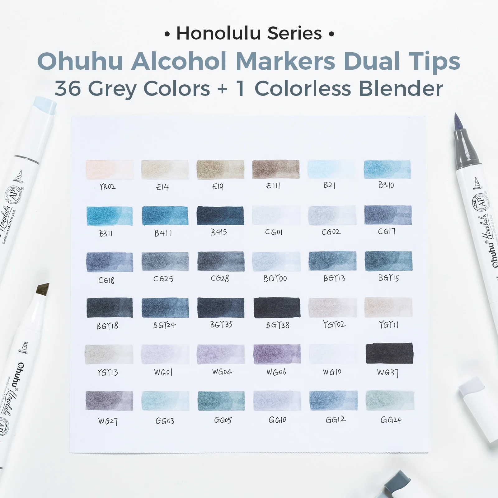 Ohuhu Honolulu 36 Gray Colors Marker Pen Set Alcohol Art Markers Refillable Dual Tips Sketching Drawing School Art Supplies