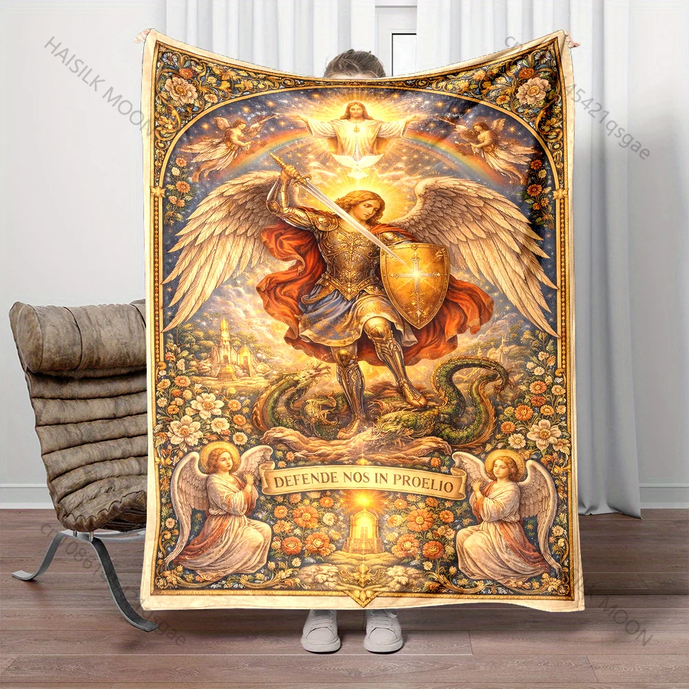 1PC Angel wielding sword conquers dragon print blanket Prayer blankets for believers suitable for home sofa camping travel car