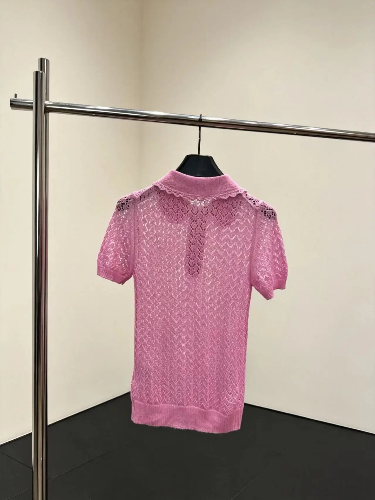 New French peach pink diamond grid hollow Polo knitted short sleeved lace doll collar half zipper slim fit girl's top