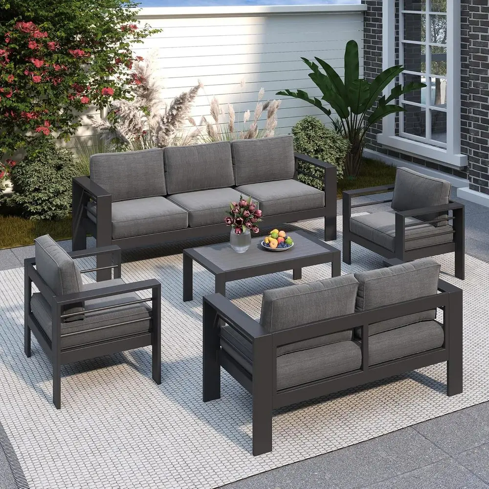 

Oversized Metal Patio Furniture Set with Deep Seating and Wide Armrests, All-Weather, Gray