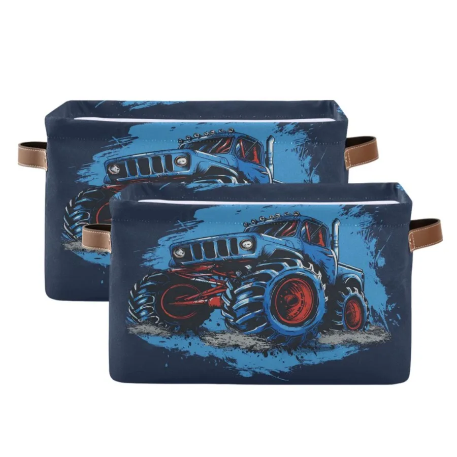 

Cool Monster Truck Storage Bins with Handle Fabric Organizer Basket Foldable Box 2 Pack 14.2x10.2x8.3