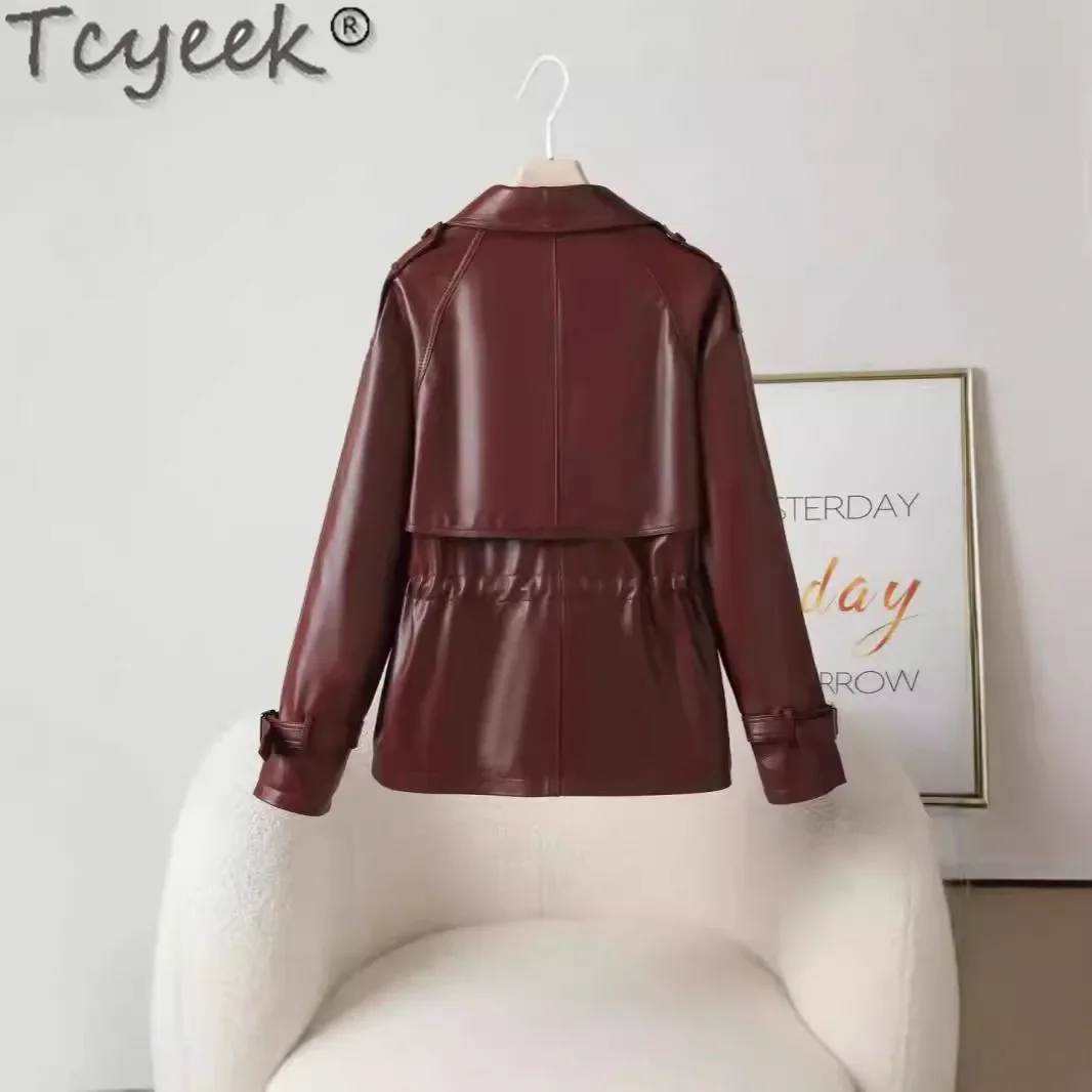 Tcyeek-Chaqueta de piel auténtica para mujer, abrigo de piel de oveja a la moda, ropa holgada para primavera y otoño, bronceado semitraje vegetal 2024