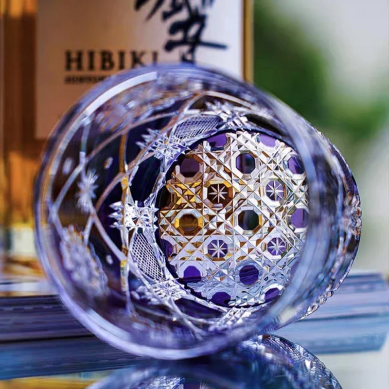 Edo Kiriko Whiskey Glass Blue Flower Cage Hand Cut Crystal Glassware WIne Tasting Glasses Colorful Whisky Glasses Dropshipping