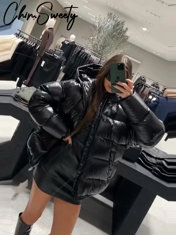 

Свободная глянцевая женская стеганая куртка, однотонное женское пальто с капюшоном и утолщенным карманом на молнии, осень-зима 202, новое женское уличное пальто