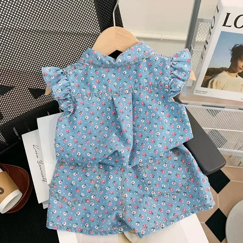 Summer Kid\'s Clothing Sets 3-7Y Girls Floral Print Petal Sleeves Lapel Shirt & Shorts 2Pcs Suit Childrens Imitation Denim Outfit