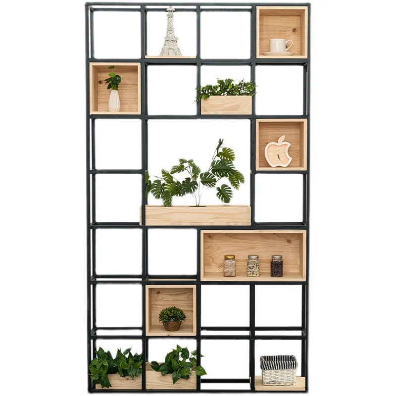 Partición moderna y sencilla de hierro forjado, estantería de madera maciza para suelo de sala de estar, estante de exhibición multicapa de estilo industrial