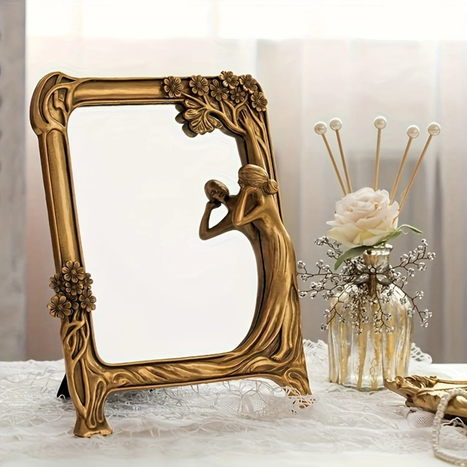 Vintage Resin Maid Makeup Mirror - Handcrafted Décor with Creative Design for Dressing Table or Wall - Hanging Mirror for Charm