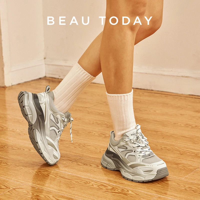 

BEAUTODAY Platform Sneakers Women Microfiber Mesh Cloth Pigskin Round Toe Lace-Up Fashion Ladies Trainers Handmade 29499