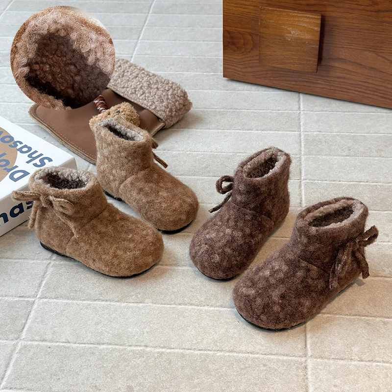 

Нескользящая детская обувь, плюшевые зимние ботинки, зимняя новая повседневная обувь для девочек, простые короткие ботинки принцессы, теплые хлопковые ботинки, детские ботильоны