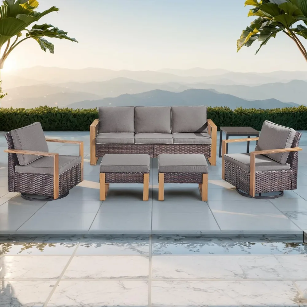 

Outdoor Rattan Patio Furniture Set, 6-piece Patio Lounge Set, Including 2 Swivel Rocking Chairs, 1 Side Table and 1 Sofa