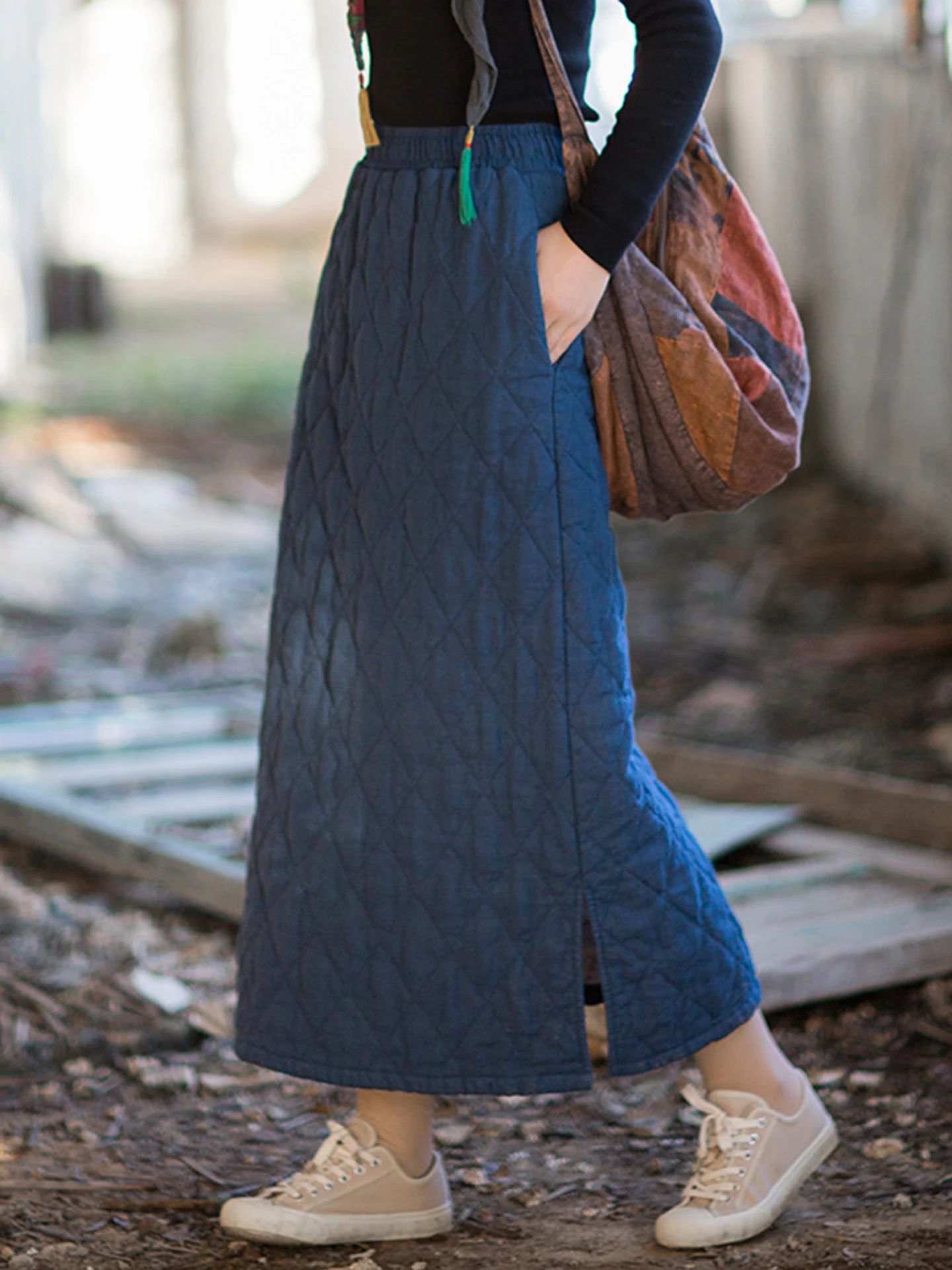 Thickened Cotton Linen Half Skirt with A-Shape And Diamond Pattern Artistic Style Warm Winter Vintage Chinese Style Skirt