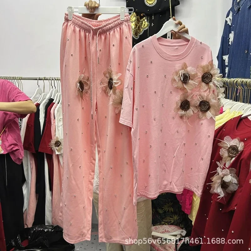 ラインストーン3Dフラワー半袖Tシャツトップスーツ、伸縮性ウエストワイドレッグロングパンツ、Tシャツツーピースセット、レディース可愛い服