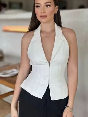 2025 mujeres Sexy espalda descubierta sin tirantes Halter corsé Tops cremallera lateral señora Slim Camis mujer sólido Chic Tops