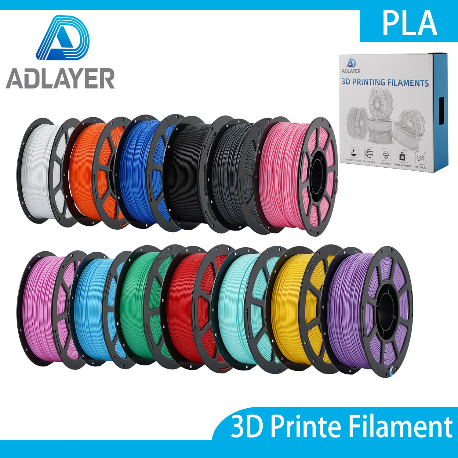 ADLAYER PLA Filament 1kg Spool,1.75mm Individually Vacuum PackedNeatly Wound,Independent Box Packaging Prevent External Pollution Black+White+Grey+Green+Blue+Red+Orange
