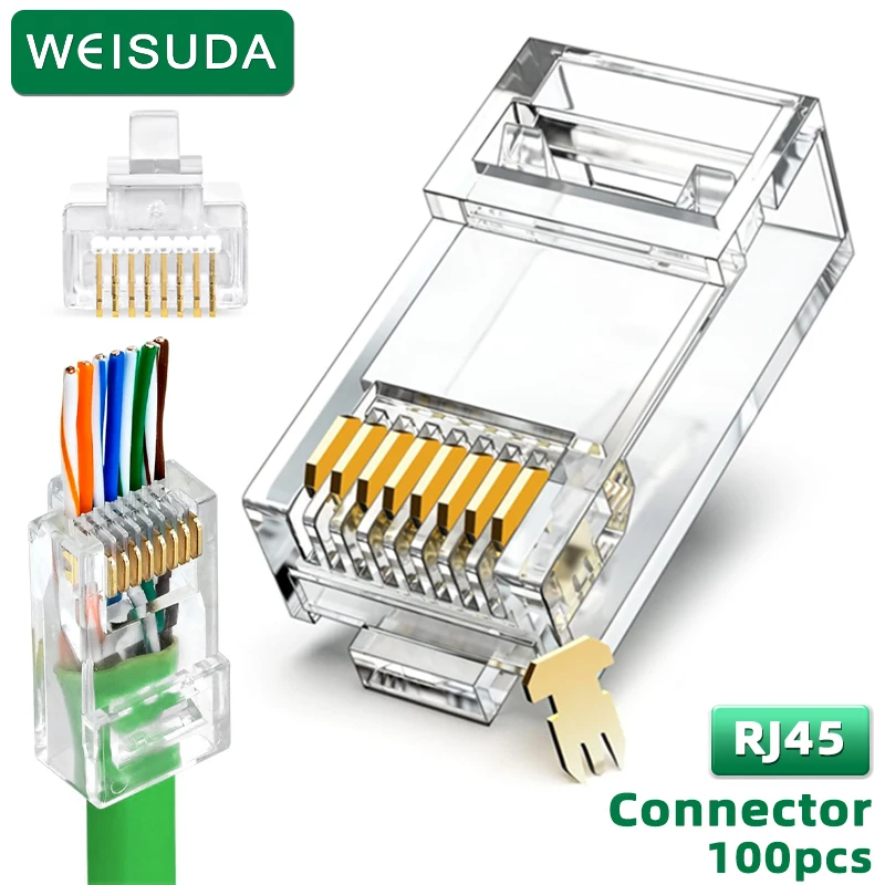 WEISUDA CAT6 CAT5e RJ45 Passthrough Connectors Crystal 8P8C UTP Standard Ethernet Network Modular Plug 1-100Pcs