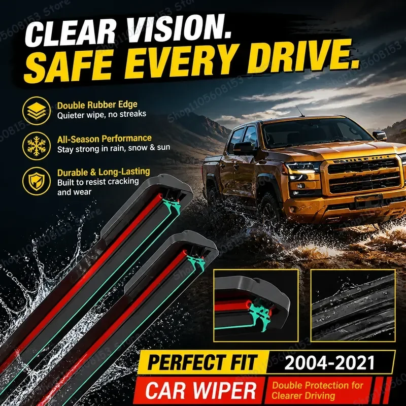 

For Nissan Navara D40 D23 2004–2021 Front Windshield Wiper Blades 2PCS Heavy-Duty All-Weather Rain Removal Cleaning Kit