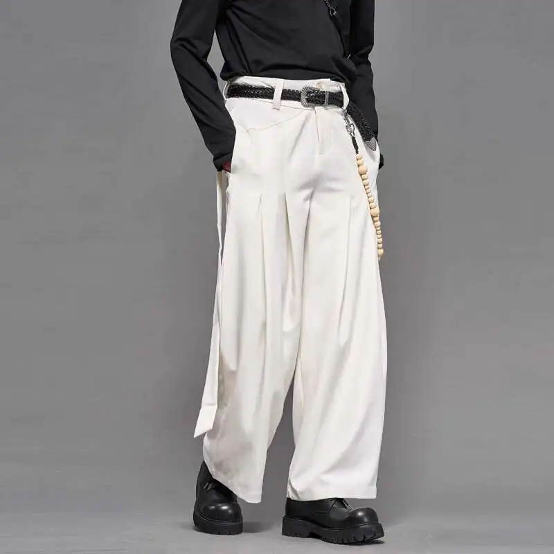 Hksh primavera nova maré masculina yamamoto estilo japonês casual perna larga tornozelo comprimento terno calças moda nicho plissado em linha reta hk5923