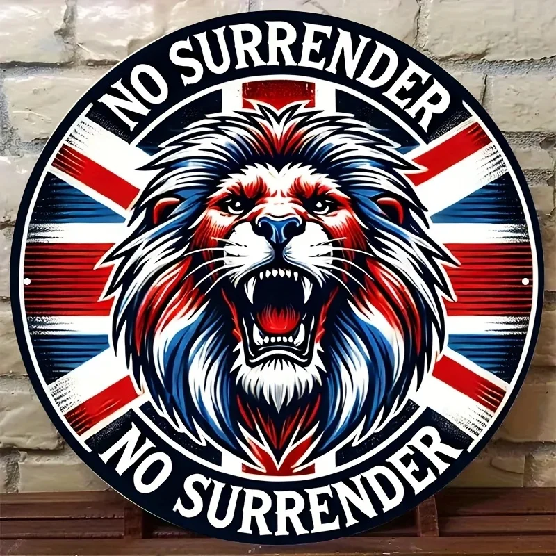 2D Flat Round Aluminum Tin Sign, British Lion Never Surrender, Vintage Retro Style Roaring Lion Wall Decor