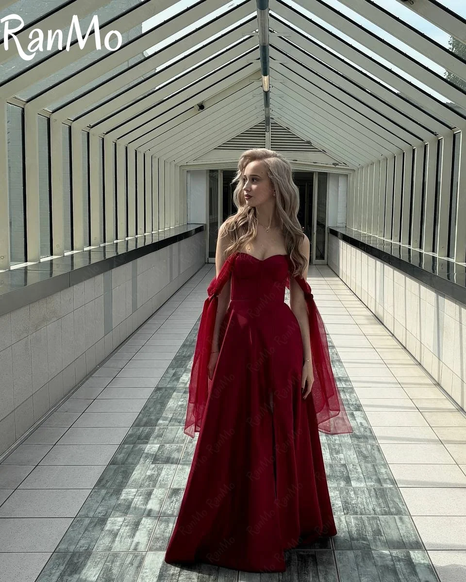 Ranmo 2025 г. Индивидуальное бордовое современное вечернее платье трапециевидной формы с открытыми плечами, платье для выпускного вечера с разрезом по бокам, Vestido De Novia длиной до пола