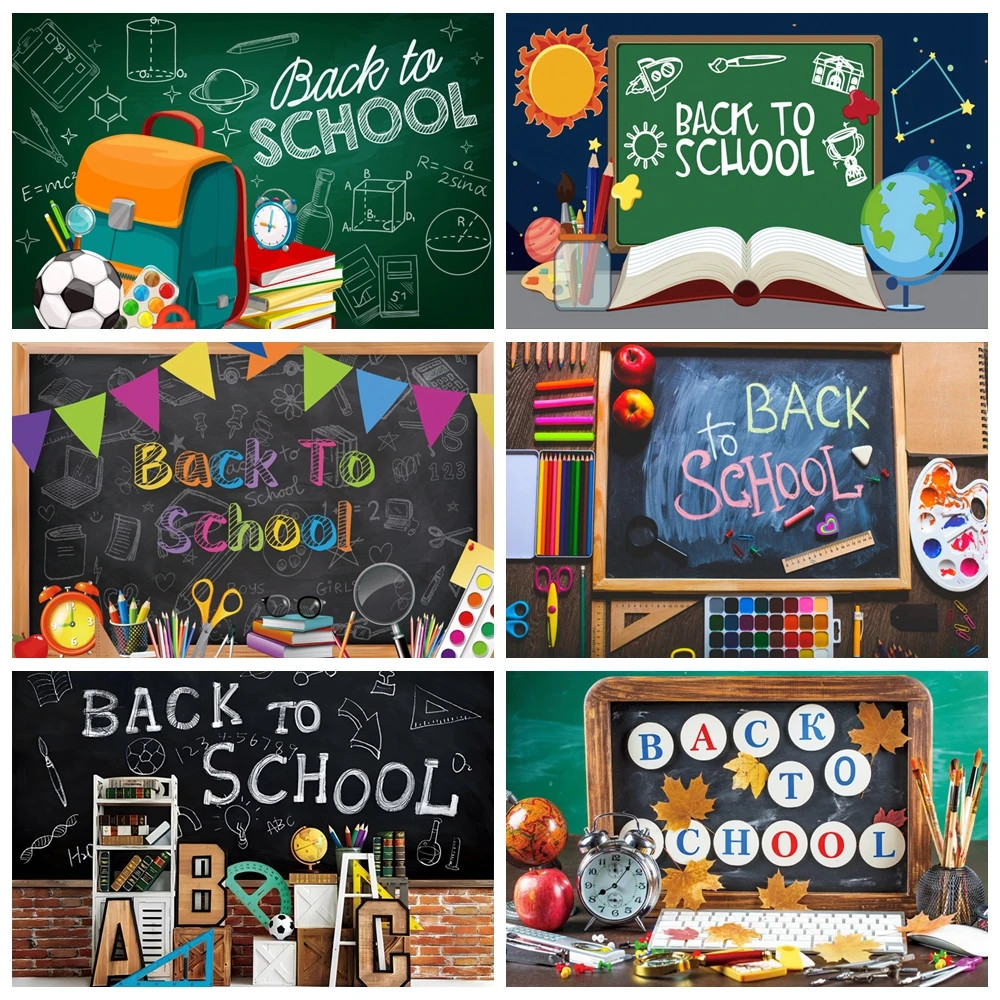 Welcome Back To School Backdrop Black Chalkboard Globe Pencil Book Classroom Party Decor Children Student Photography Background