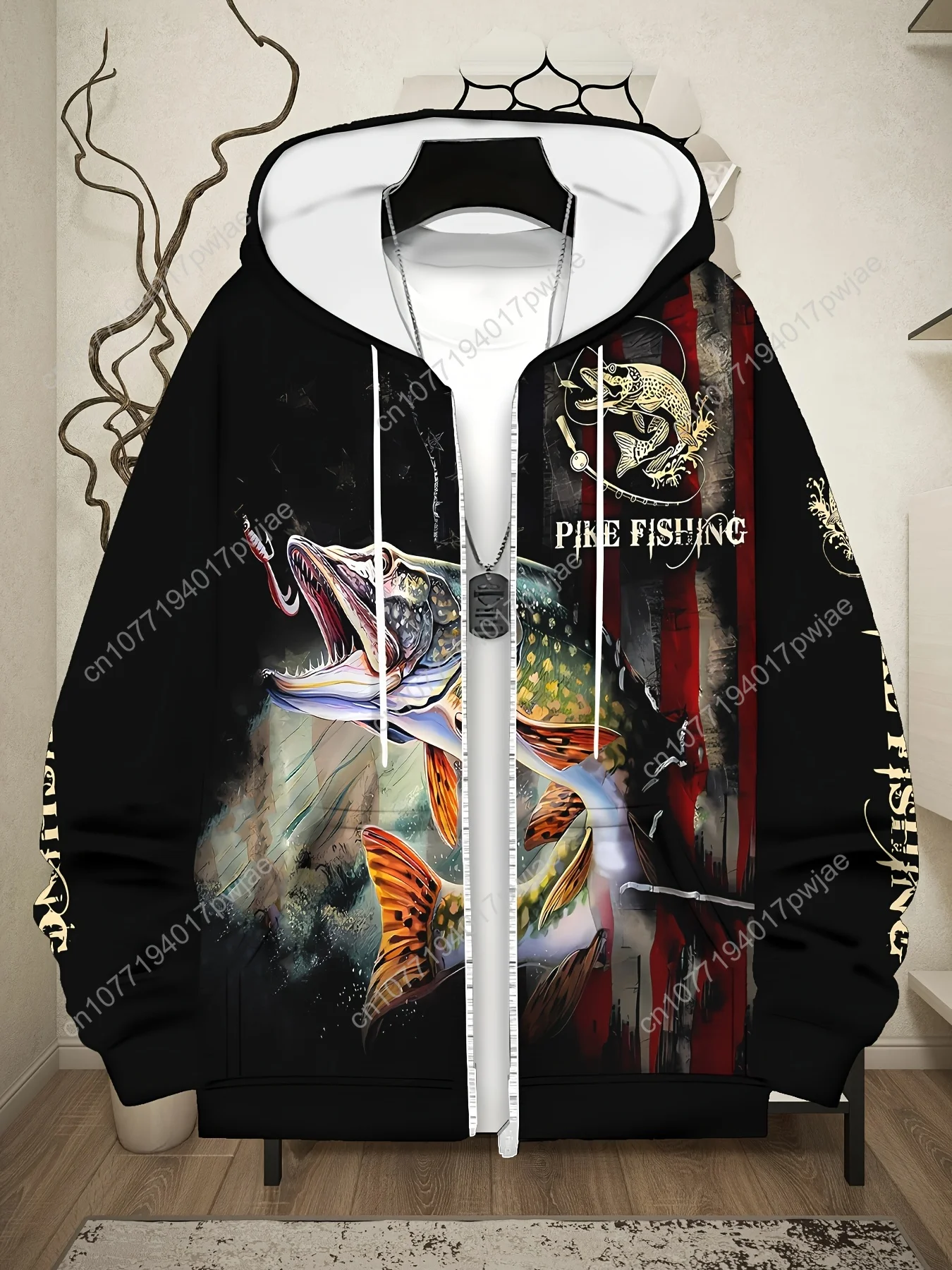 Мужская толстовка с принтом для ловли щуки — стильная молния с длинными рукавами, ярким рыбным дизайном, капюшоном на шнурке и карманами, идеально подходит для