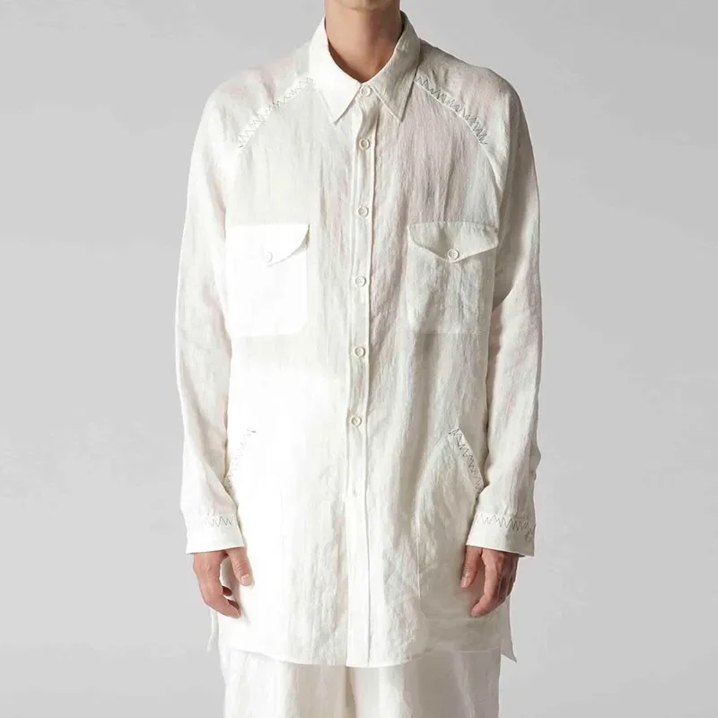 

YOJI OOAK, оригинальный дизайн, льняная рубашка с неровными швами, украшенная грудью, рубашка с двойным карманом, рубашка с острым воротником для мужчин