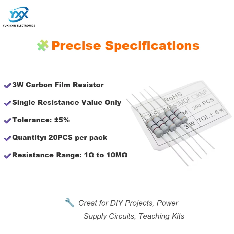 20PCS 3W 5% Carbon Film Resistors 1R 10Ω 100Ω 1KΩ 10KΩ 220Ω 470Ω 4.7KΩ for Arduino DIY Repair Projects Circuits Soldering
