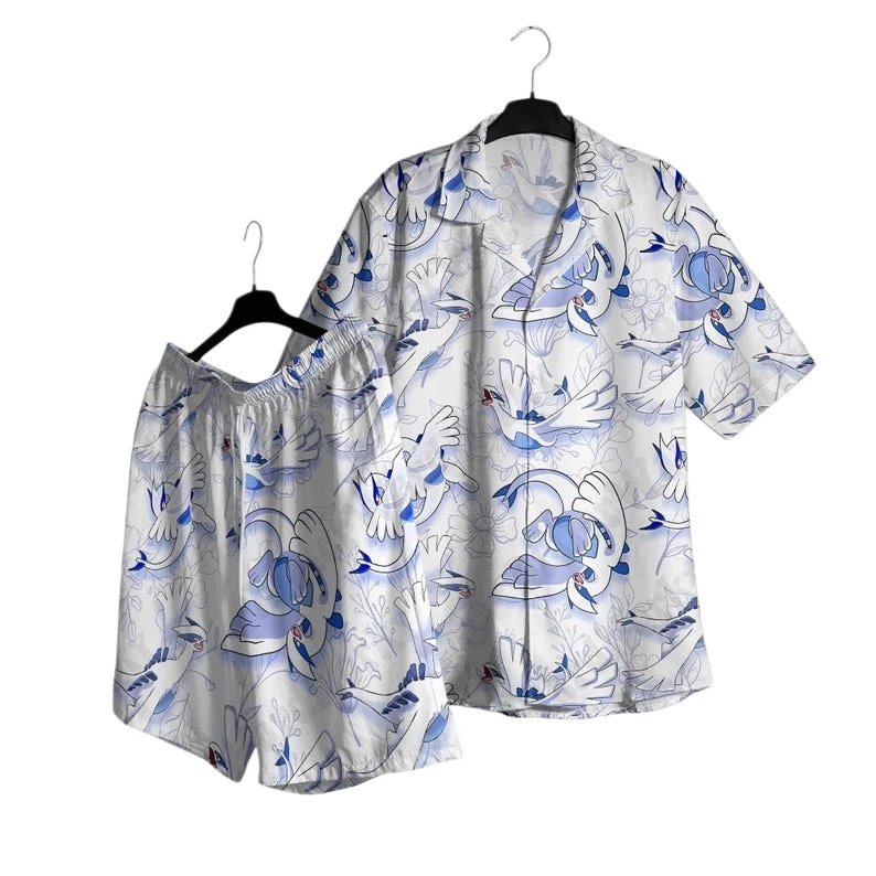 

2026 Fashion New Collection Lugia Men Hawaiian Shirt Shorts Set Women Summer Casual Loose Anime Pajama T-shirt Shorts Two Piece