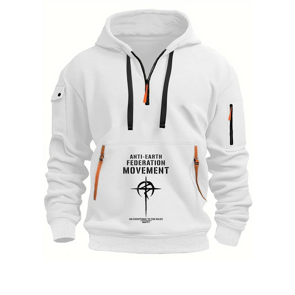 HONGYI YUSHANG Men Half Zip Multi Pocket Tactical Hoodie Red Fan Graphic Front Back Print Streetwear Hooded Pullover Sweatshirt
