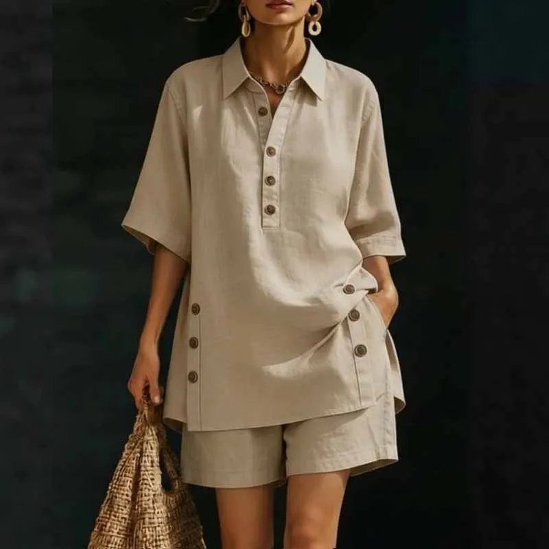 Plus Size 5Xl Solid 2 Pcs Shirt&shorts Casual Loose Lapel Top Simple Shorts Beach Summer Vacation Temperament Comfortable Suit view 6