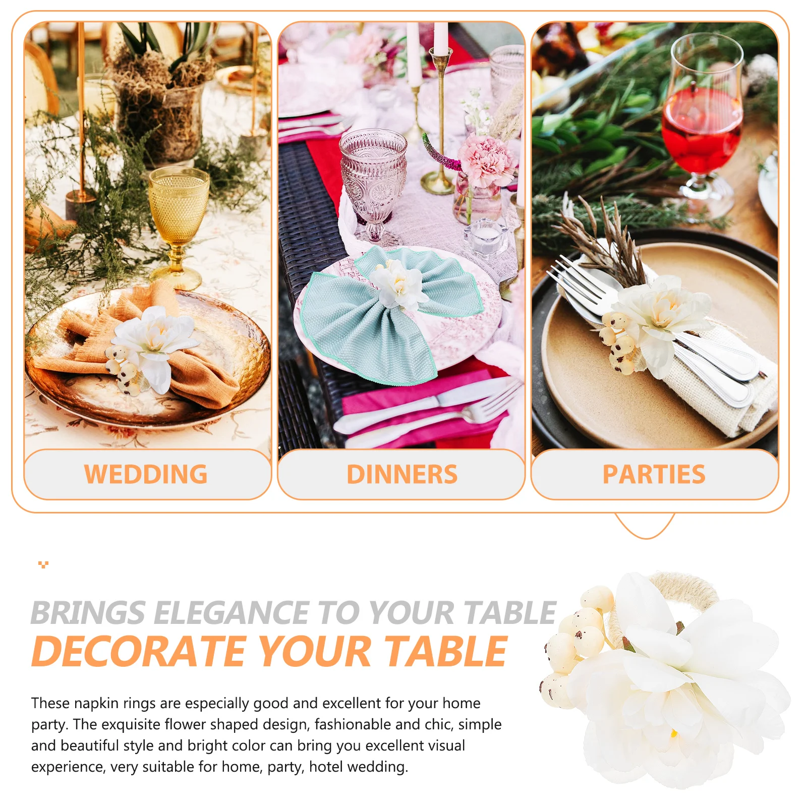 

6 Pcs Napkin Ring Set Elegant Artificial Flower Wedding Gold Reusable Table Decor Cotton Rope Banquet Holiday Kitchen Bar