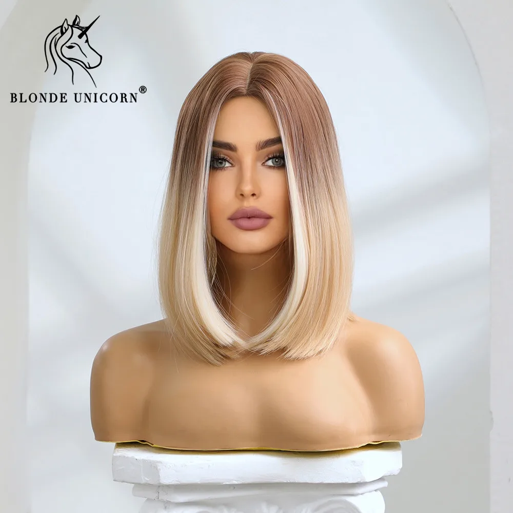 Blonde Unicorn Synthetic Wig Medium Long Ombre Blonde to Platinum For Women Daily Party Cosplay Wigs Heat Resistant Fiber Hair