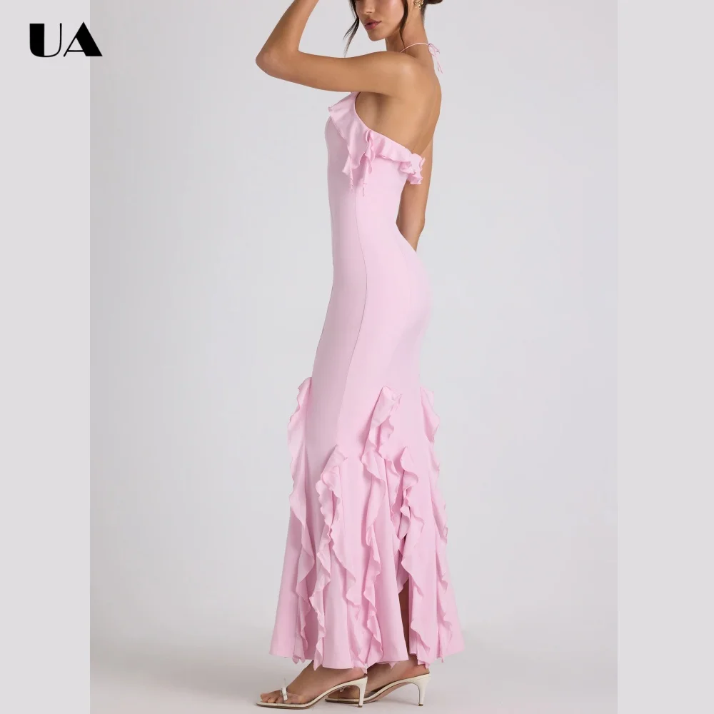 ULBYANRY Elegant Slim fit Ruffled Prom Dress Sexy Halter Backless Evening Dress Customized Solid Sleeveless Wedding Guest Dress