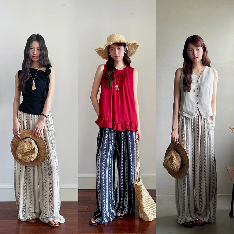 Vintage Print Wide-leg Pants Summer 2025 New Slouchy Style Linen Slacks