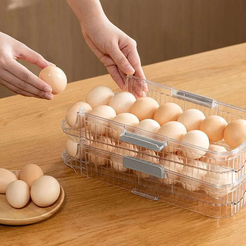 Refrigerator rolling egg rack support transparent kitchen household storage box multilayer can be stacked  covered egg box