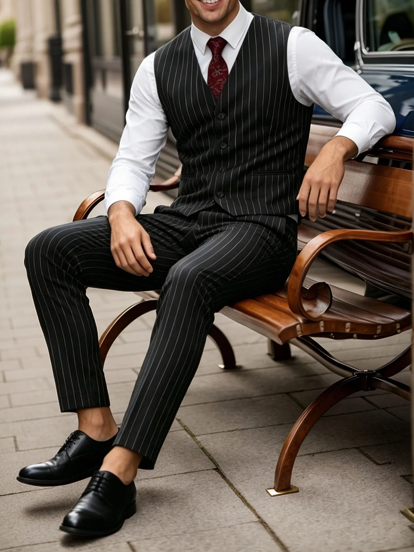 Men's Pinstripe Suit Vest Pants 2 Pieces Set 20% Viscose 80% Polyamide Formal Business Wedding Waistcoat Trousers Outfit S‑XXL