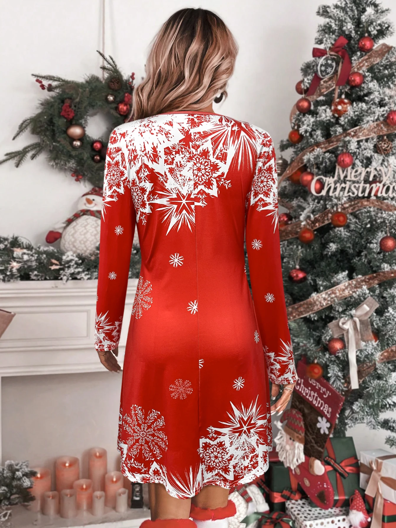 Women'S Christmas Snowflake Print Long Sleeve Dress