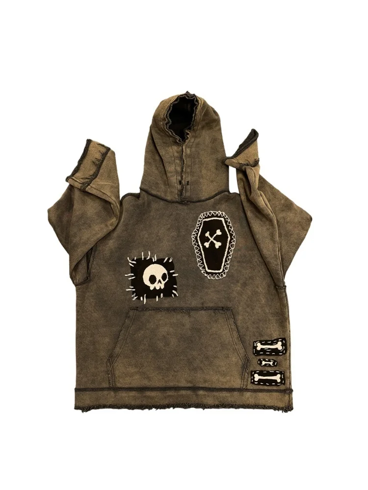 Stylish Washed Hoodie with Patchwork Design 450g Heavyweight Comfortable Casual Sweatshirt