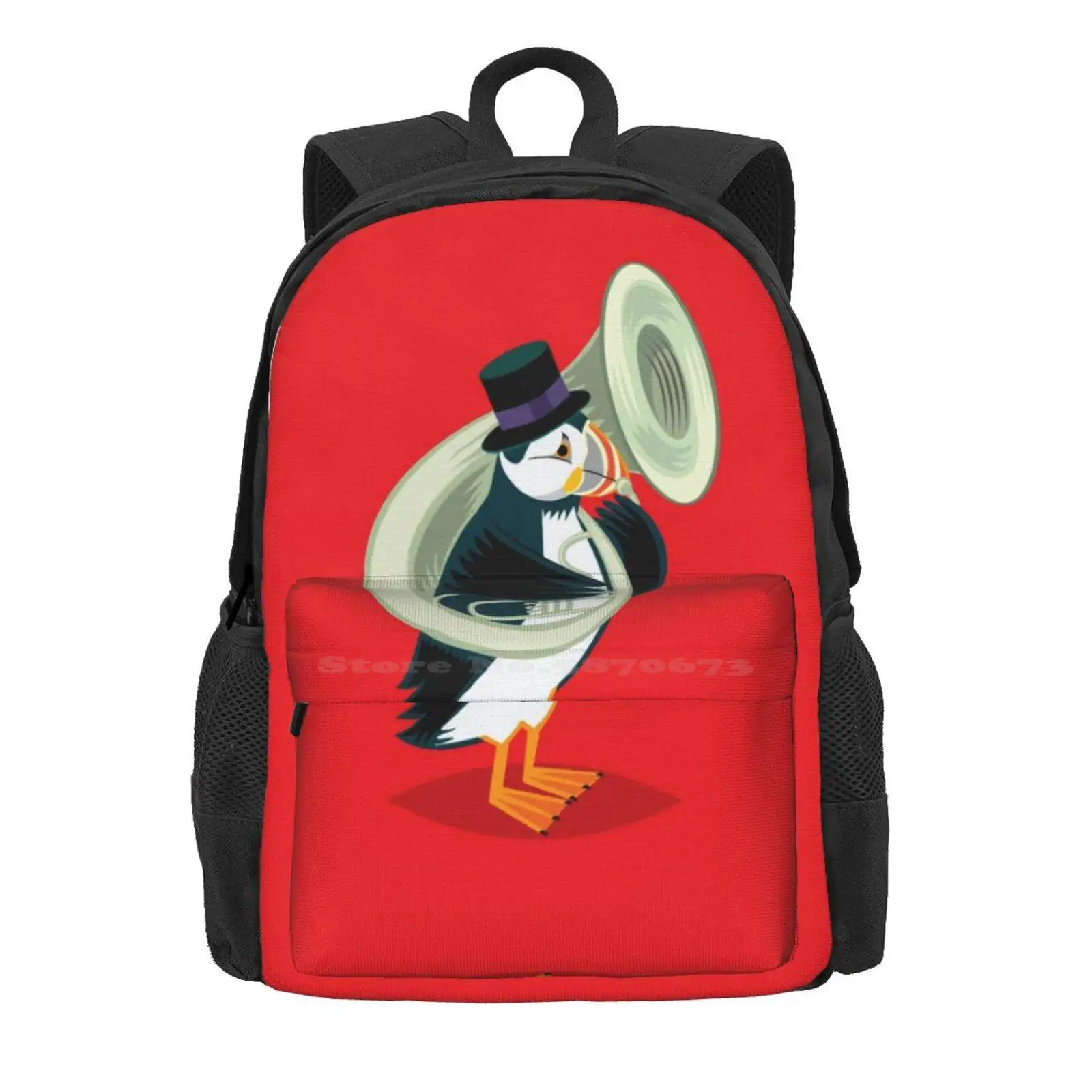 Puffin On A Tuba Hot Sale Schoolbag Backpack Fashion Bags Tuba Animals Cute Red Funny Music Penguin Puffins Childrens Kids