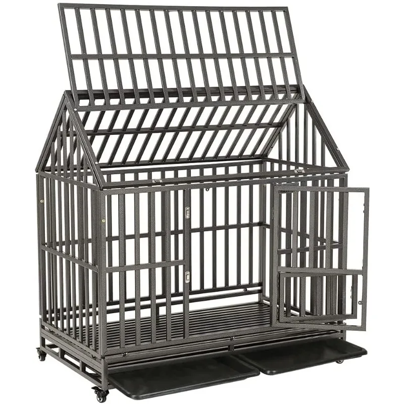 48" Heavy Duty Dog Crate Strong Metal Cage House Shape Pet Kennel Crate Playpen with 4 Locking Wheels