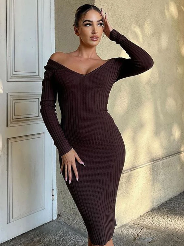 TARUXY 2023 Spring Knitted Dress Women V-Neck Long Sleeve Bodycon Sweater Dresses Basic Elastic Casual Skinny Vestidos Black