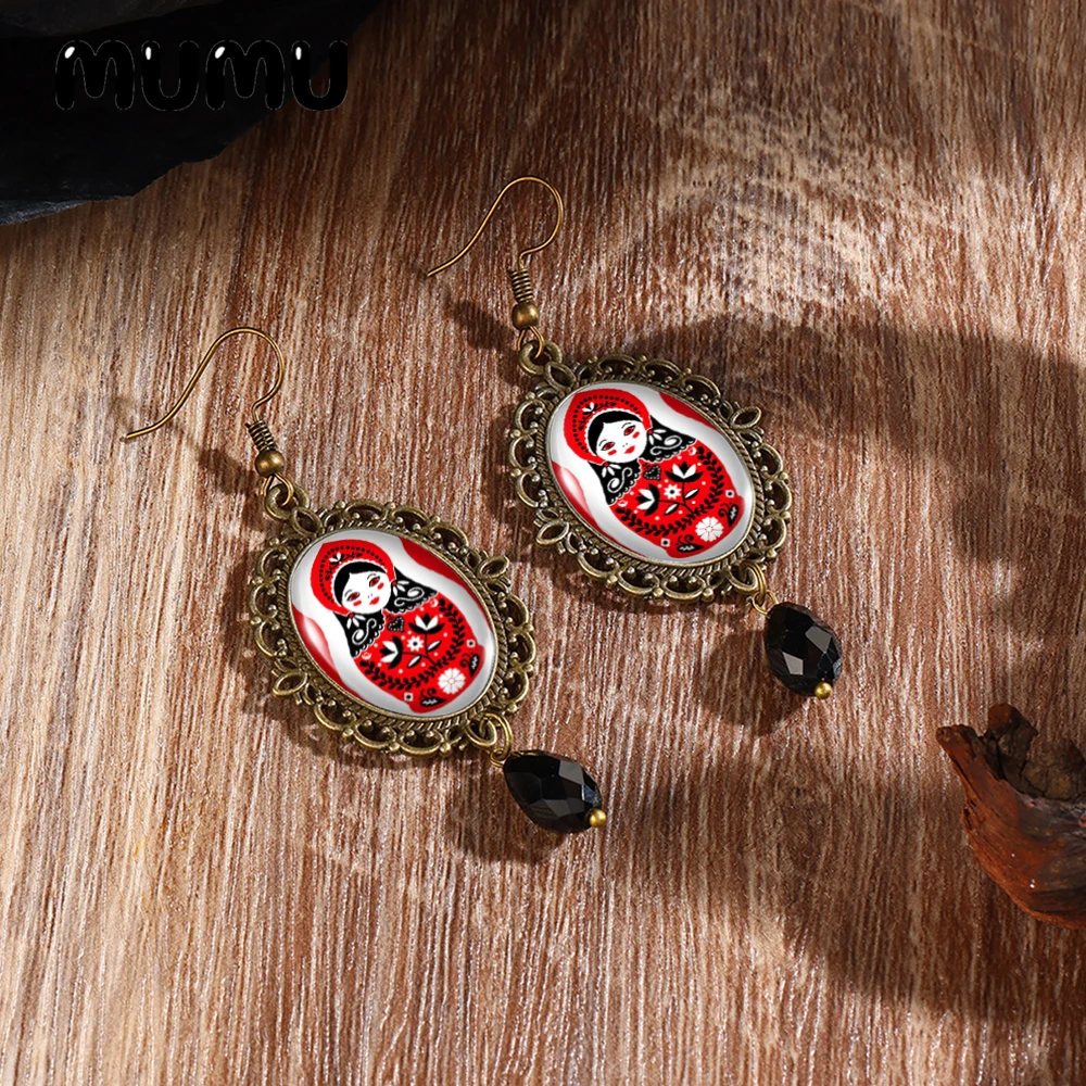 2025 New Matryoshka Doll Retro Lace Earring Oval Dangle Earrings Handmade Glass Dome Jewelry Gifts