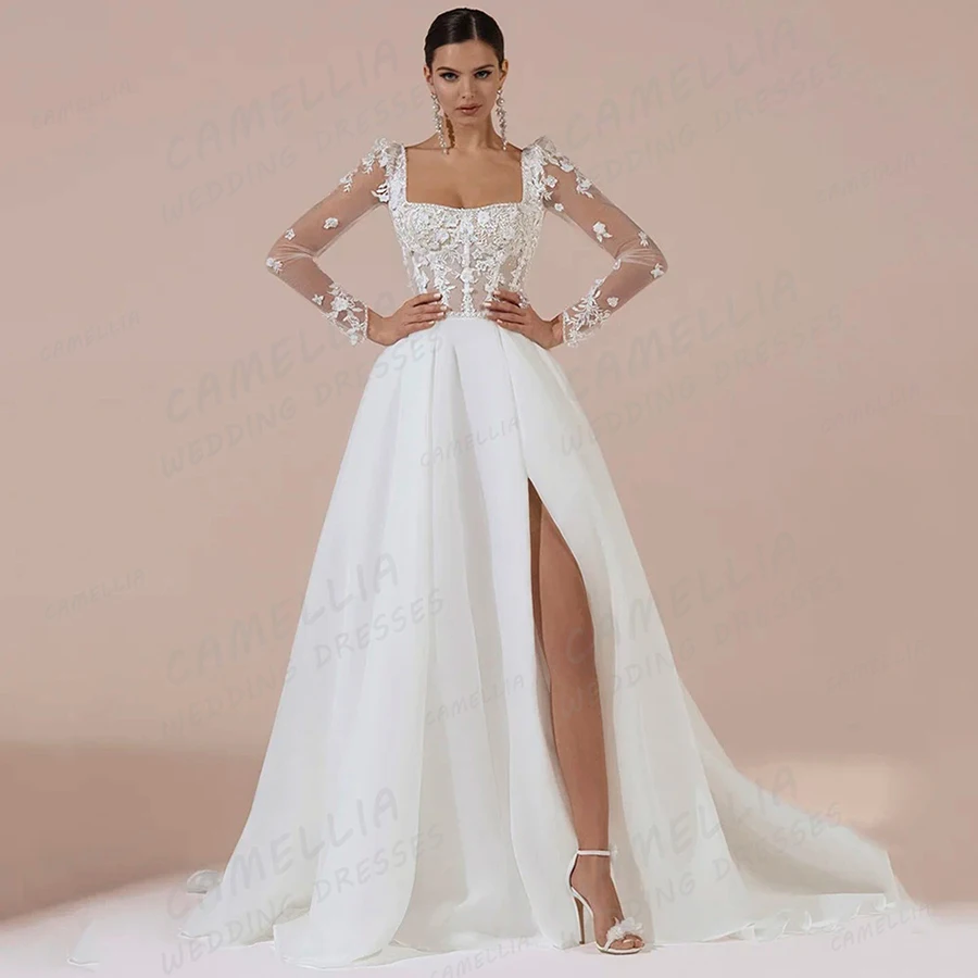 Luxury Illusion Wedding Dresses Women's A Line Sexy Long Sleeve Bridal Gowns Appliques High Split Elegant Square Collar Vestidos