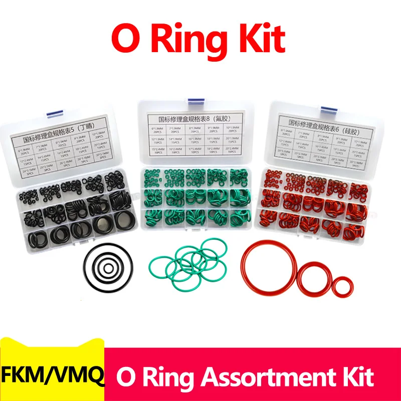 FKM Fluororubber O Ring Gasket Assortment Kits VMQ Silicone Rubber O-Ring Sealing Washer Set for Car Repair Air Gas Connections