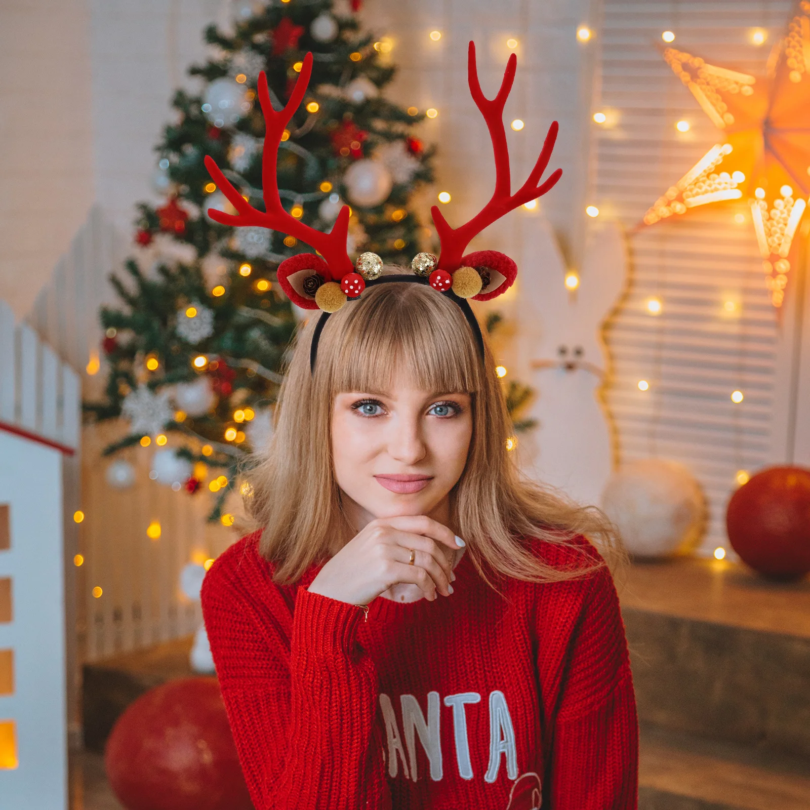 

Christmas Headband with Reindeer Antlers and Pine Cones Festive Party Accessory for Adults Holiday Animal Costume Hair Hoop