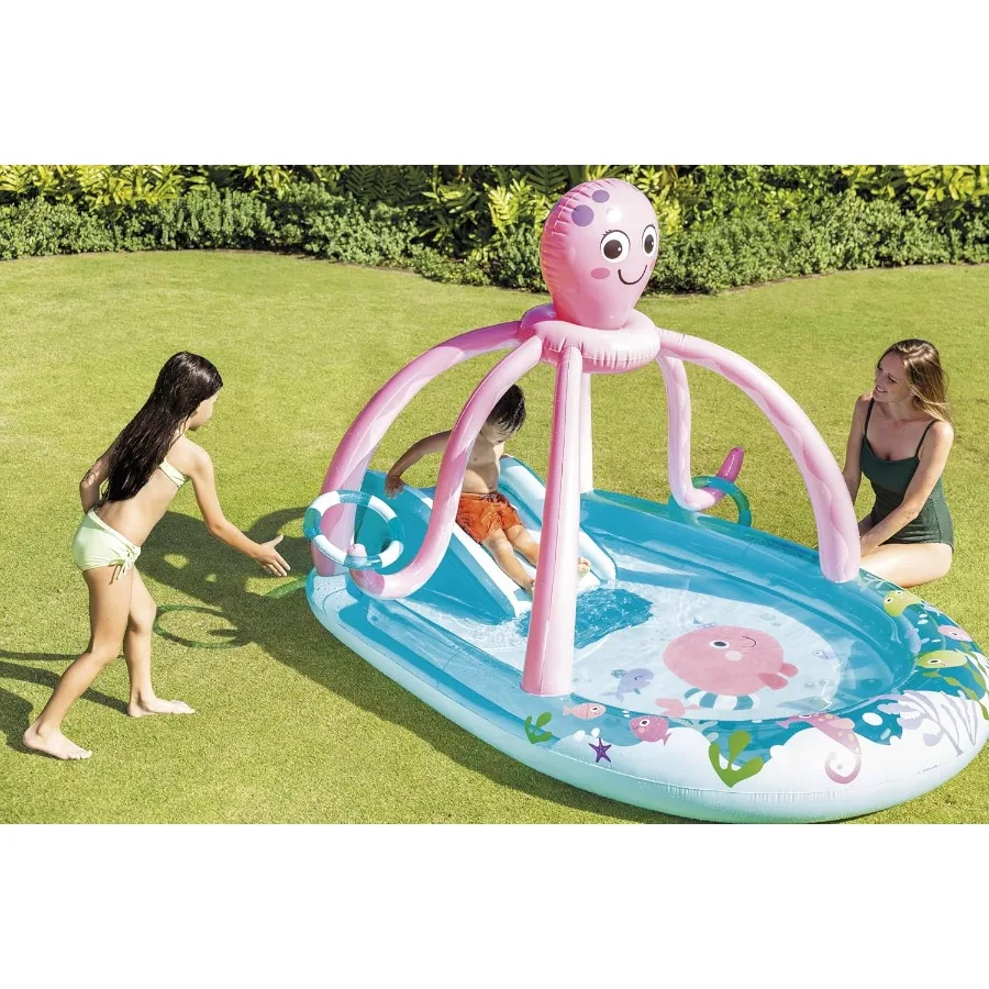 フレンドリーなタコ型の子供用インフレータブルプール、ウォータースプレーヤーと滑り台付き、屋外での夏の楽しみに最適、92 x 72 x 59の大型スプラッシュパッド