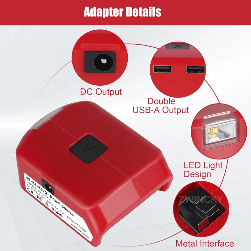 Imagem -02 - Adaptador de Bateria para Milwaukee Carregador Usb de Bateria 18v Fonte de Energia com Porta Usb Dupla dc 12v 2a Luz Led para Jaqueta Aquecida