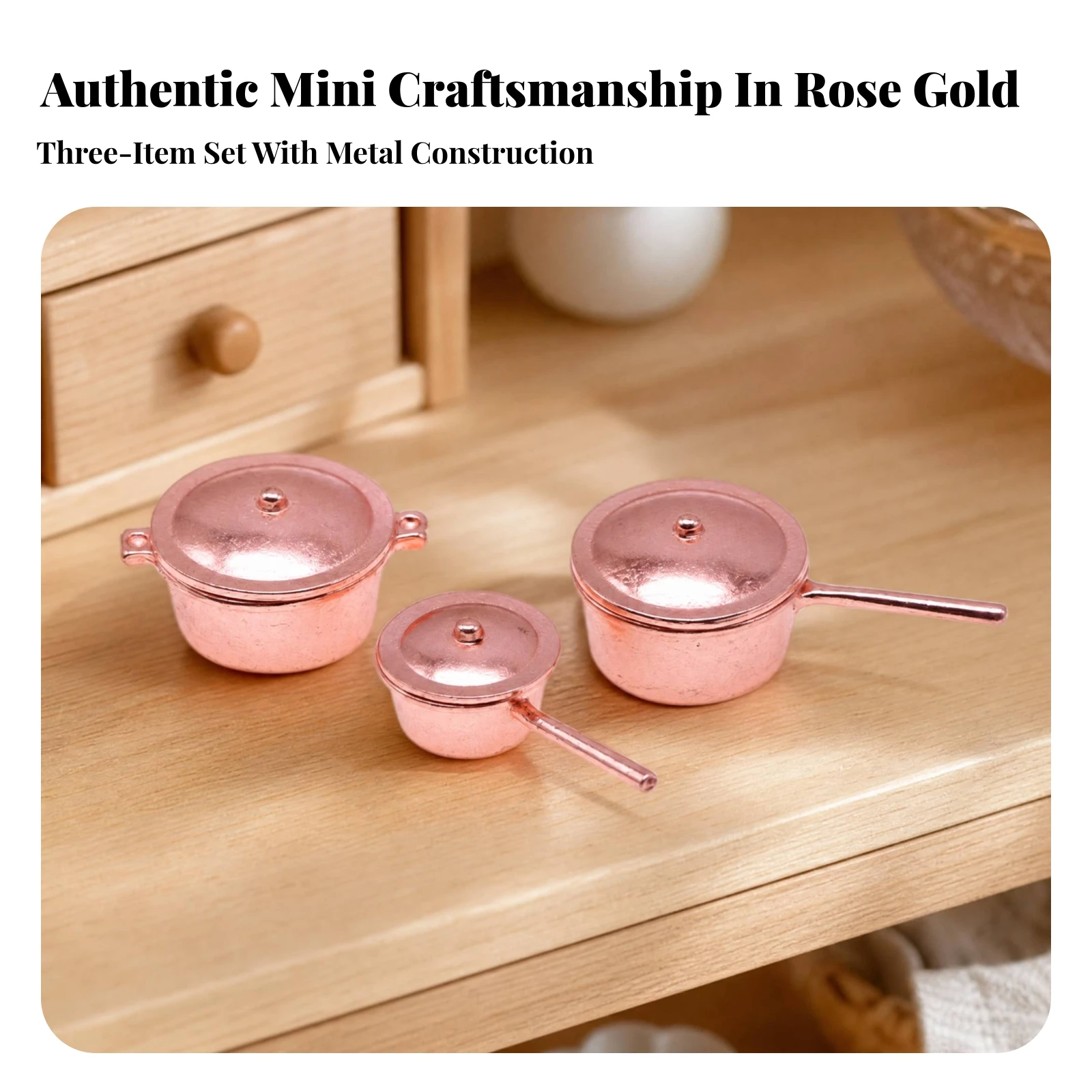 3 Pieces Copper-Toned Miniature Cookware Set Cute Metal Dollhouse Pots with Lids Dollhouse Cooking Set Vivid for Diorama Makers