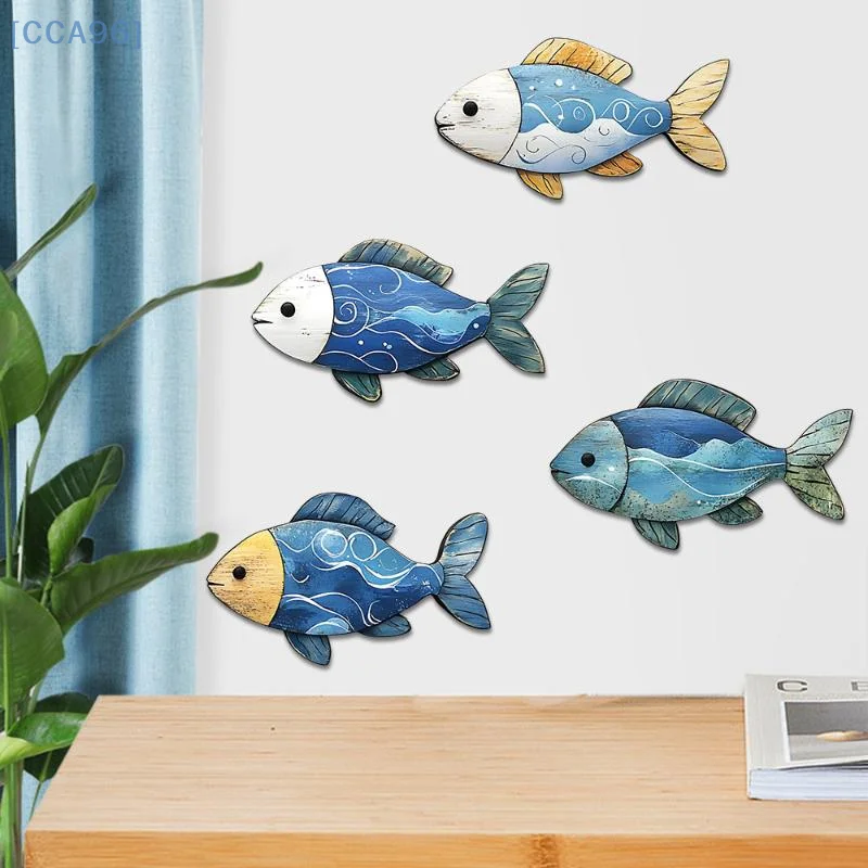 Ornement mural de poisson bleu en bois, signe de poisson rustique sculpté à la main, pendentif drôle, Art mural, décoration d'animaux de l'océan
