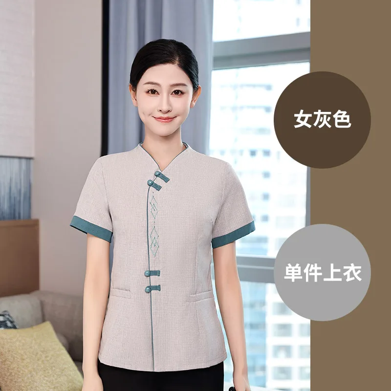 النمط الصيني فندق الصيف نظافة ملابس العمل التدبير المنزلي غرفة الممتلكات فندق عمة ملابس العمل قصيرة الأكمام المرأة البدلة #6